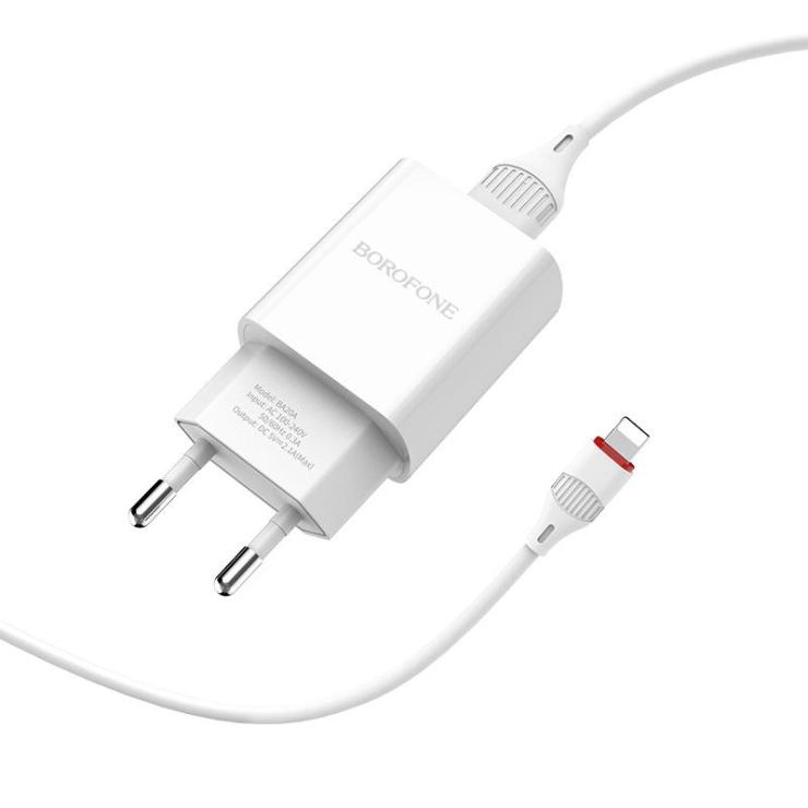 Блок питания сетевой 1 USB Borofone BA20A, Sharp Series, 2.1A, пластик, кабель Apple 8 pin, цвет: б, шт