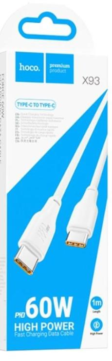 Кабель Type-C - Type-C HOCO X93 Force, 1.0м, 3.0A, PD 60Вт, цвет: белый, шт