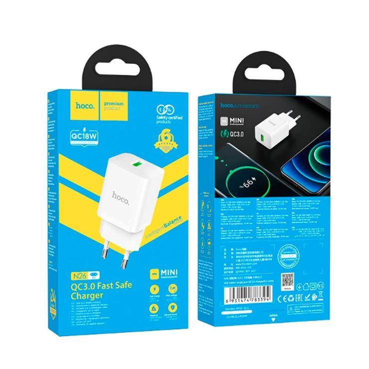 Блок питания сетевой 1 USB HOCO N26, Maxim, 3000mA, 18Вт, QC3.0, цвет: белый                                                                                                , шт
