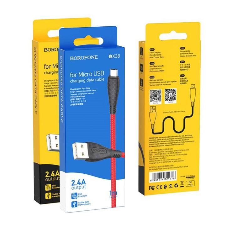 Кабель USB - микро USB Borofone BX38, Cool, 1.0м, круглый, 2.4A, силикон, цвет: чёрный(1/360), шт