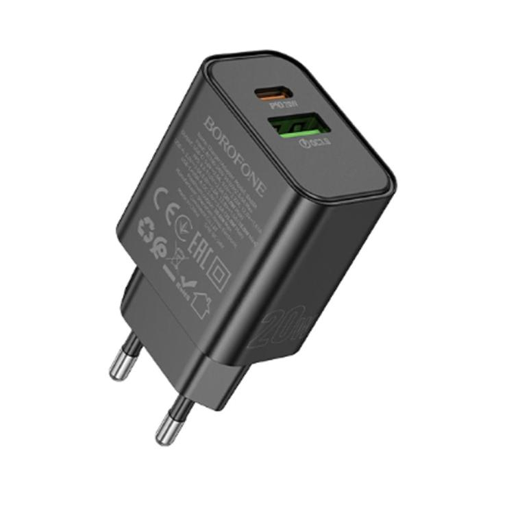 Блок питания сетевой 1 USB, 1 Type-C Borofone BA88A, Navy, QC3.0, PD 20Вт, цвет: черный, шт