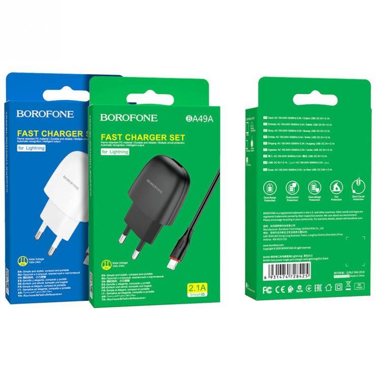 Блок питания сетевой 1 USB Borofone, BA49A, Vast, 2400mA, пластик, кабель микро USB, цвет: чёрный           , шт