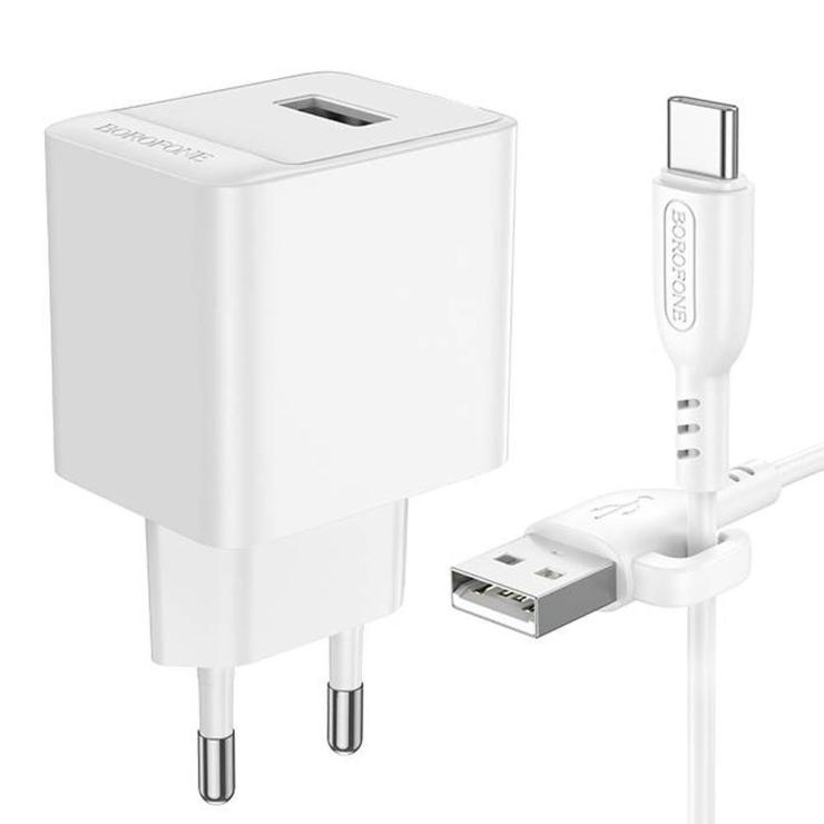 Блок питания сетевой 1 USB Borofone BAS11A, Erudite, 2.1A, кабель USB - Type-C, 1.0м, цвет: белый, шт