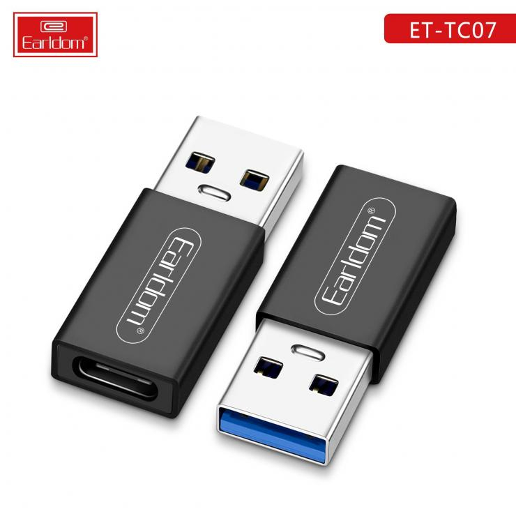 Переходник Type-C - USB(f) Earldom ET-TC07, плоский, пластик, OTG, цвет: чёрный, шт