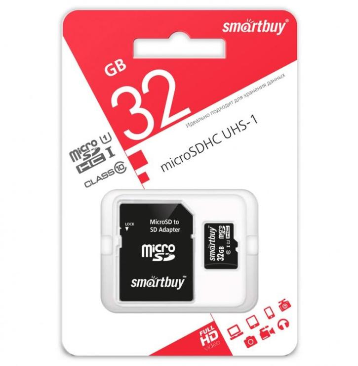 Карта памяти micro SDHC Smart Buy 32GB Class10 UHS-1 c адаптером SD, шт