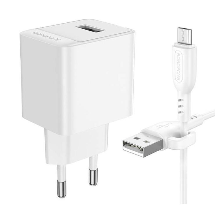 Блок питания сетевой 1 USB Borofone BAS11A, Erudite, 5V/2.1A, кабель USB - микро USB, 1.0м, белый, шт