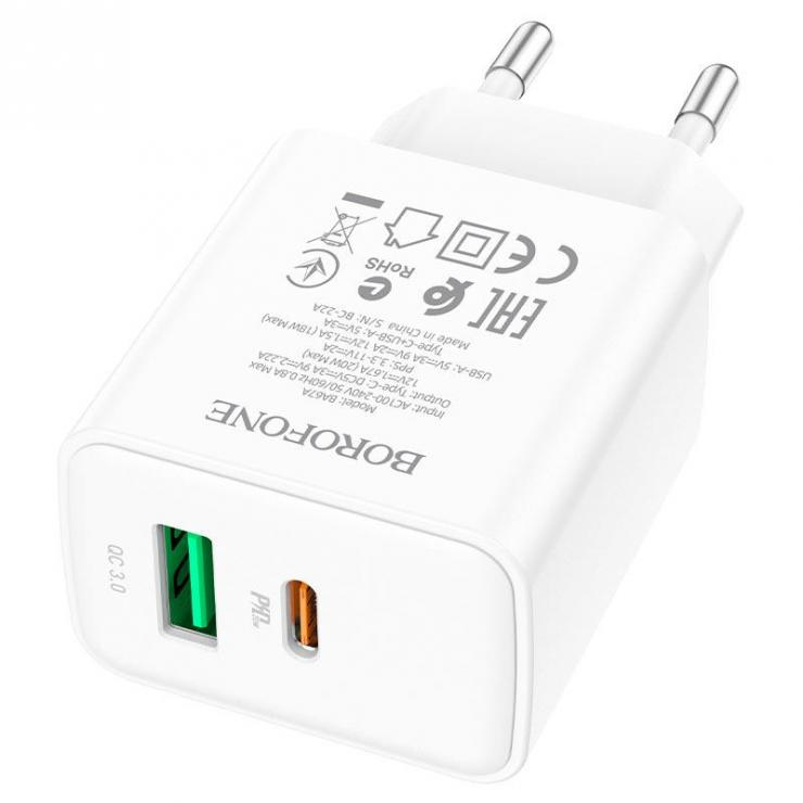 Блок питания сетевой 1 USB, Type-C Borofone, BA67A, 3000mA, пластик, PD20W, QC3.0, цвет: белый, шт