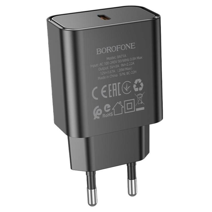 Блок питания сетевой 1 Type-C Borofone BA71A, Power, 3000mA, 20Вт, PD/ QC/ FCP/ AFC, цвет: чёрный, шт