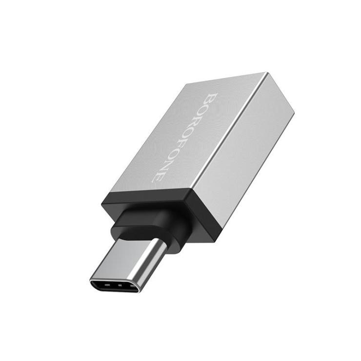 Переходник Type-C(m) - USB 3.0(f) Borofone BV3, плоский, алюминий, цвет: серебряный, шт