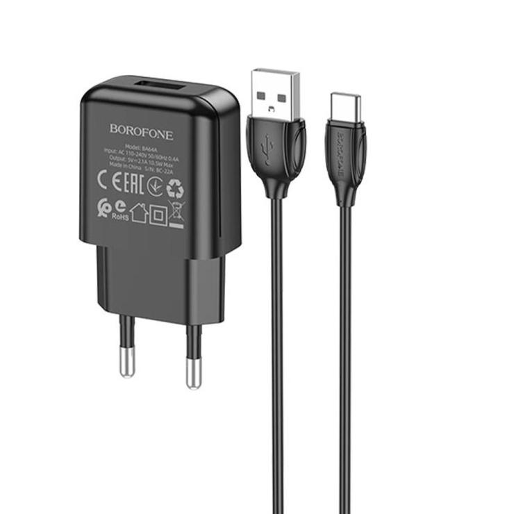 Блок питания сетевой 1 USB Borofone, BA64A, 2100mA, пластик, кабель Type-C, цвет: черный, шт