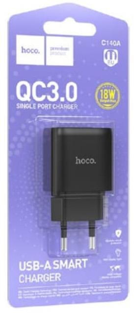 Блок питания сетевой 1 USB HOCO C140A, 18Вт, QC, цвет: чёрный, шт