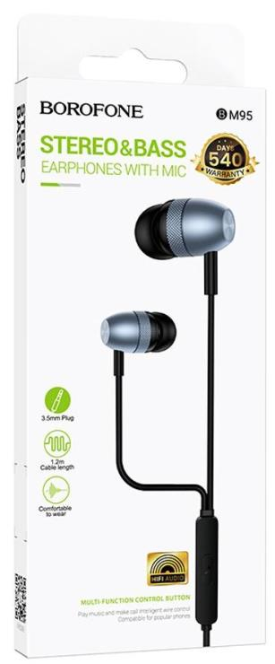 Наушники внутриканальные Borofone BM95, Excepcional, Jack 3.5мм, 1.2 м, цвет: чёрный, серебряная вст, шт