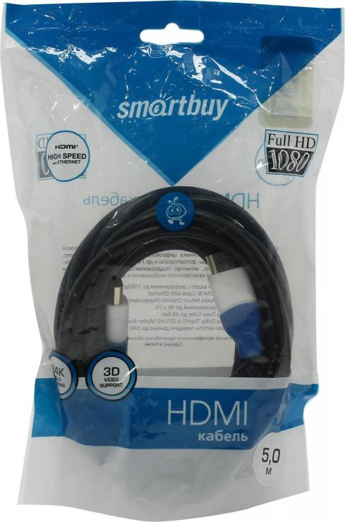 Кабель HDMI - HDMI SmartBuy K351, 5.0м, круглый, резина, цвет: чёрный                                                                               , шт