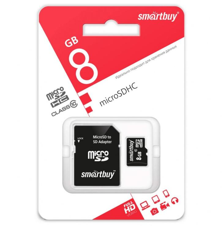 Карта памяти micro SDHC 8Gb SmartBuy Class10  ад. (SB8GBSDCL10-01), шт