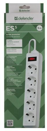 Сетевой фильтр Defender ES, 5.0м, 5 розеток, с выключателем, цвет: белый                                                                        , шт
