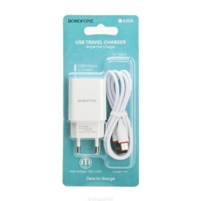 Блок питания сетевой 1 USB Borofone, BA20A, Sharp, 2100mA, пластик, кабель Type-C, цвет: белый                      , шт