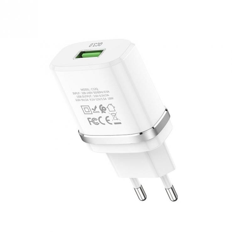 Блок питания сетевой 1 USB HOCO, C12Q, 3000mA, пластик, QC3.0, цвет: белый, шт