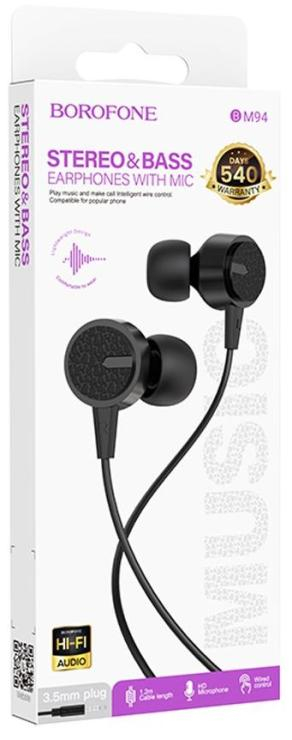 Наушники внутриканальные Borofone BM94, Sonar, Jack 3.5мм, 1.2 м, цвет: чёрный, шт