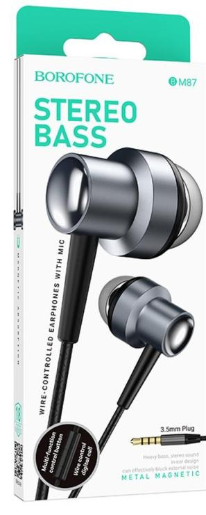 Наушники внутриканальные Borofone BM87, Element, Jack 3.5мм, 1.2 м, цвет: серебряный, шт