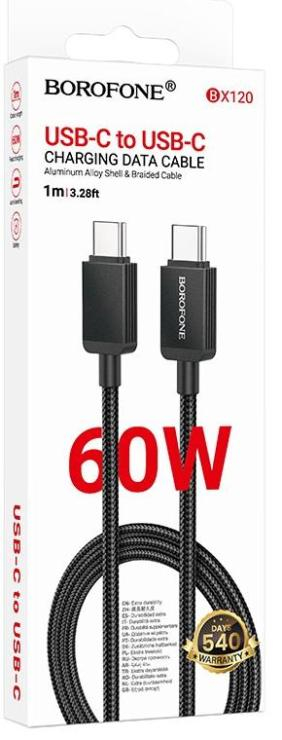 Кабель Type-C - Type-C Borofone BX120, 1.0м, 3,0А, 60Вт, цвет: чёрный, шт