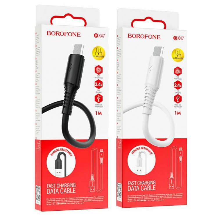 Кабель USB - микро USB Borofone BX47, 1.0м, круглый, 2,4А, силикон, цвет: чёрный (1/360)                                                , шт