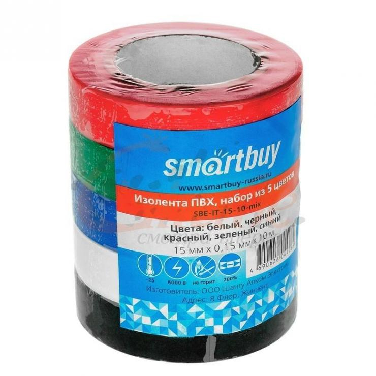 Изолента Smartbuy, набор из 5 цветов, 0.15х15мм, 10 метров (SBE-IT-15-10-mix), шт