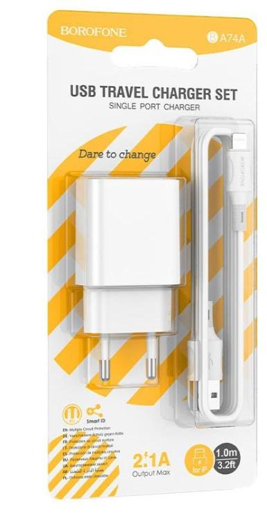 Блок питания сетевой 1 USB Borofone BA74A Aspirer, пластик, 2.1A, кабель 8 pin, цвет: белый, шт