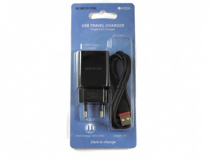 Блок питания сетевой 1 USB Borofone, BA20A, Sharp, 2100mA, пластик, кабель Type-C, цвет: чёрный, шт