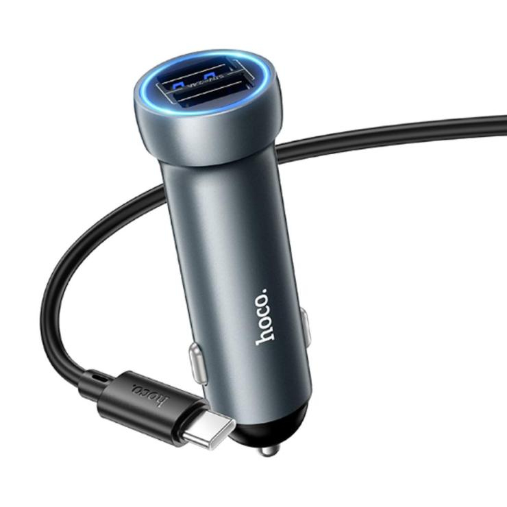 Блок питания автомобильный 2 USB HOCO Z54, Prosperous, 15Вт, кабель Type-C 1.0м, цвет: серый, шт