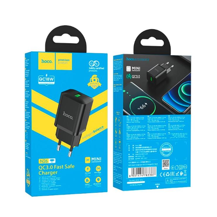 Блок питания сетевой 1 USB HOCO N26, Maxim, 3000mA, 18Вт, QC3.0, цвет: чёрный                                                                                           , шт