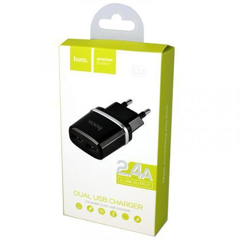 Блок питания сетевой 2 USB HOCO, C12, 2400mA, пластик, цвет: чёрный                                                                 , шт