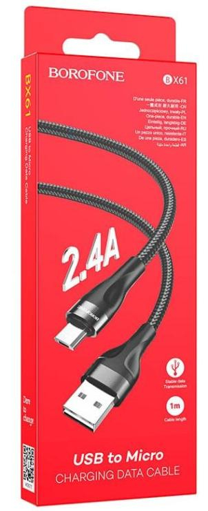 Кабель USB - микро USB Borofone BX61, 1.0м, круглый, 2.4A, ткань, цвет: чёрный, шт