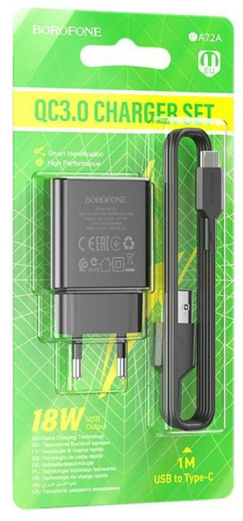 Блок питания сетевой 1 USB Borofone BA72A, 2.1A, 18Вт, QC3.0, кабель Type-C, цвет: чёрный, шт