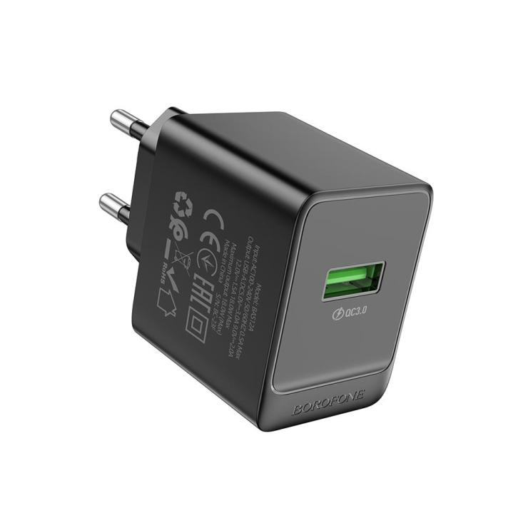 Блок питания сетевой 1 USB Borofone BAS12A, Erudite, 18Вт, QC, FCP, AFC, цвет: чёрный, шт