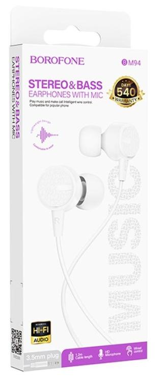 Наушники внутриканальные Borofone BM94, Sonar, Jack 3.5мм, 1.2 м, цвет: белый, шт