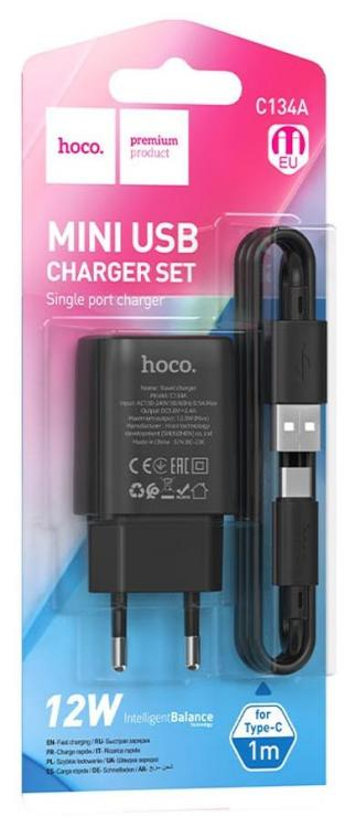 Блок питания сетевой 1 USB HOCO C134А, 2400mA, кабель Type-C, цвет: черный, шт