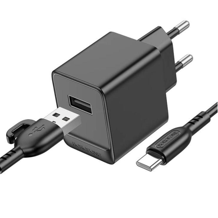 Блок питания сетевой 1 USB Borofone BAS11A, Erudite, 2.1A, кабель USB - Type-C, 1.0м, цвет: чёрный, шт