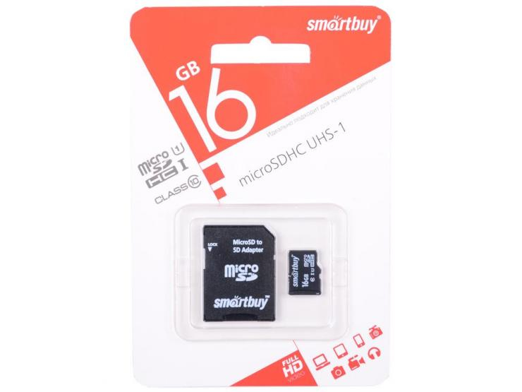 micro SDHC карта памяти Smartbuy 16GB Сlass 10 UHS-I (с адаптером SD)                                                                                                           , шт