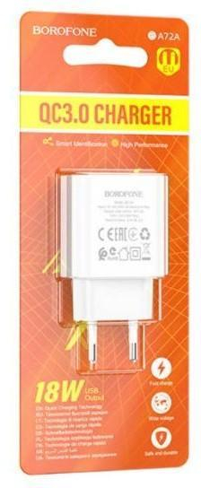 Блок питания сетевой 1 USB Borofone, BA72A, Spring, пластик, QC3.0, цвет: белый, шт