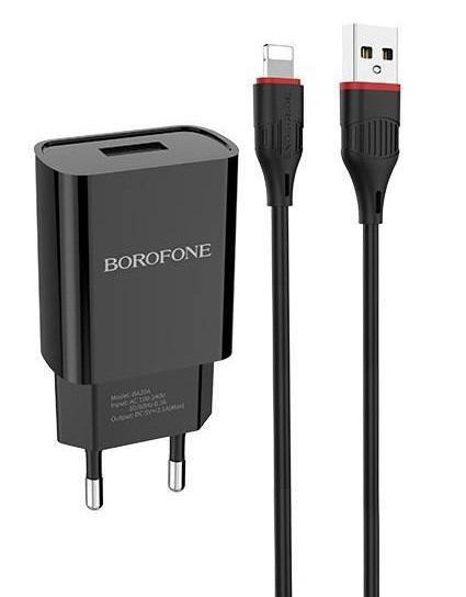 Блок питания сетевой 1 USB Borofone, BA20A, Sharp, 2100mA, пластик, кабель 8 pin, цвет: черный, шт